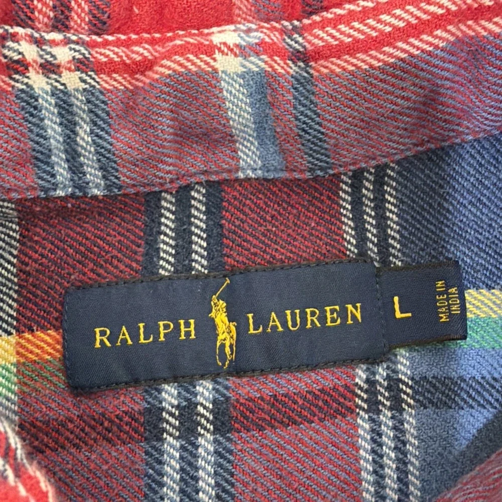 Polo Ralph Lauren L Plaid Flannel Shirt Elbow Patch Button Front Long Sleeve
